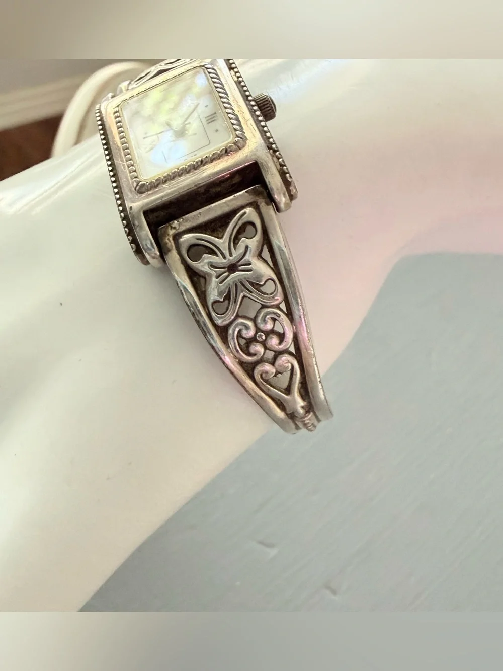Brighton Hamilton Silver-Tone Butterfly Motif Rectangular Bracelet Watch